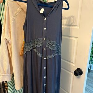 Blue Sleeveless Button-Down tunic  with Lace Detail and hoodie